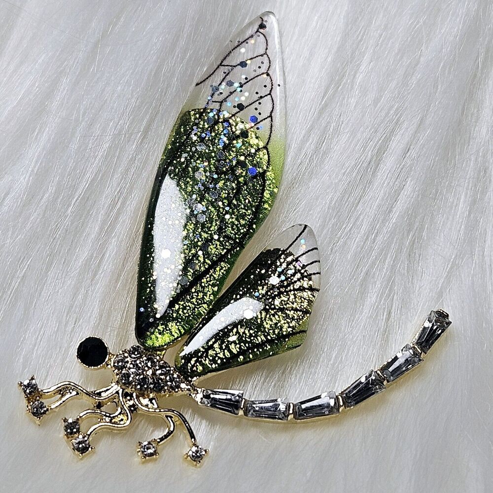 Dragonfly Brooch Pin Clear Rhinestone Green Acrylic Wings Costume Jewelry Nature - Picture 4 of 8